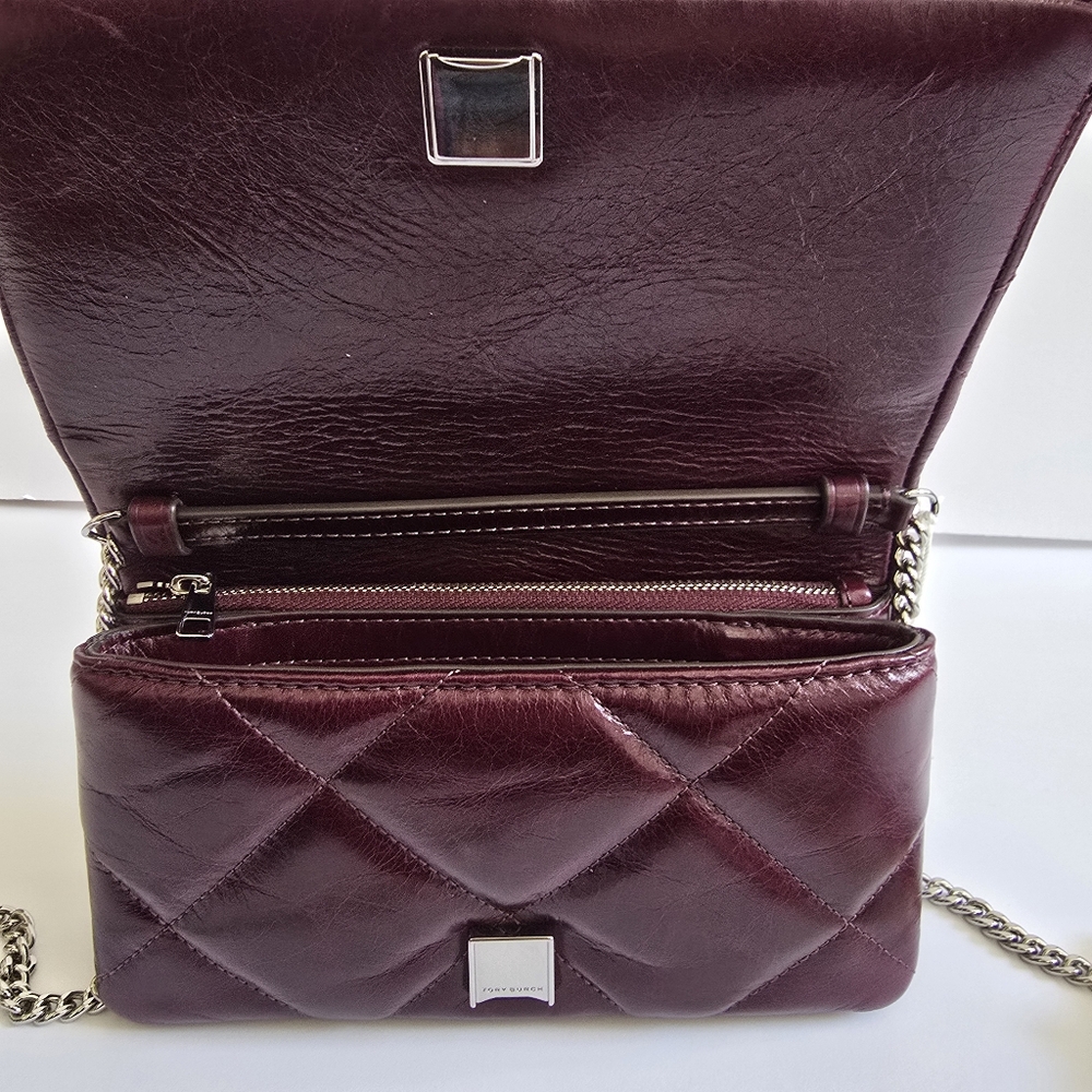 Tory Burch Kira Diamond Distressed Leather Chain Wallet Dark Carmine - Picture 11 of 14
